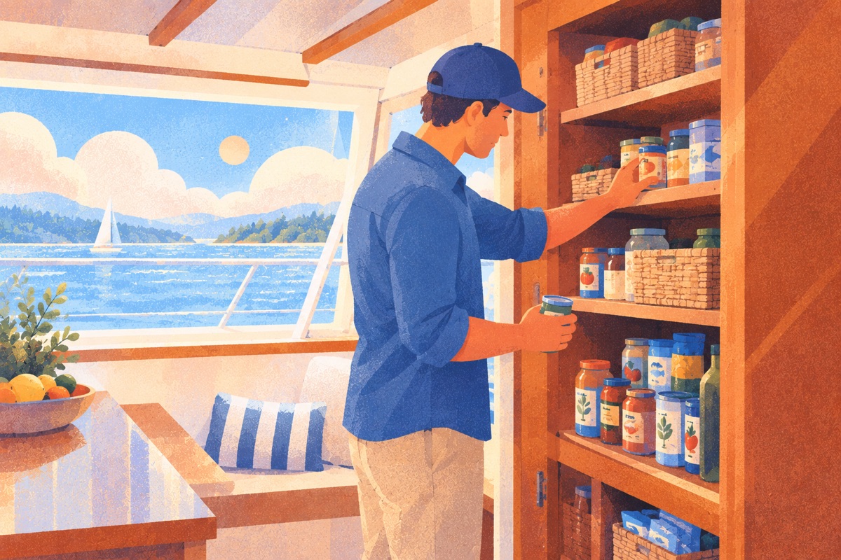 Illustration of a person stocking jars on pantry shelves on a boat