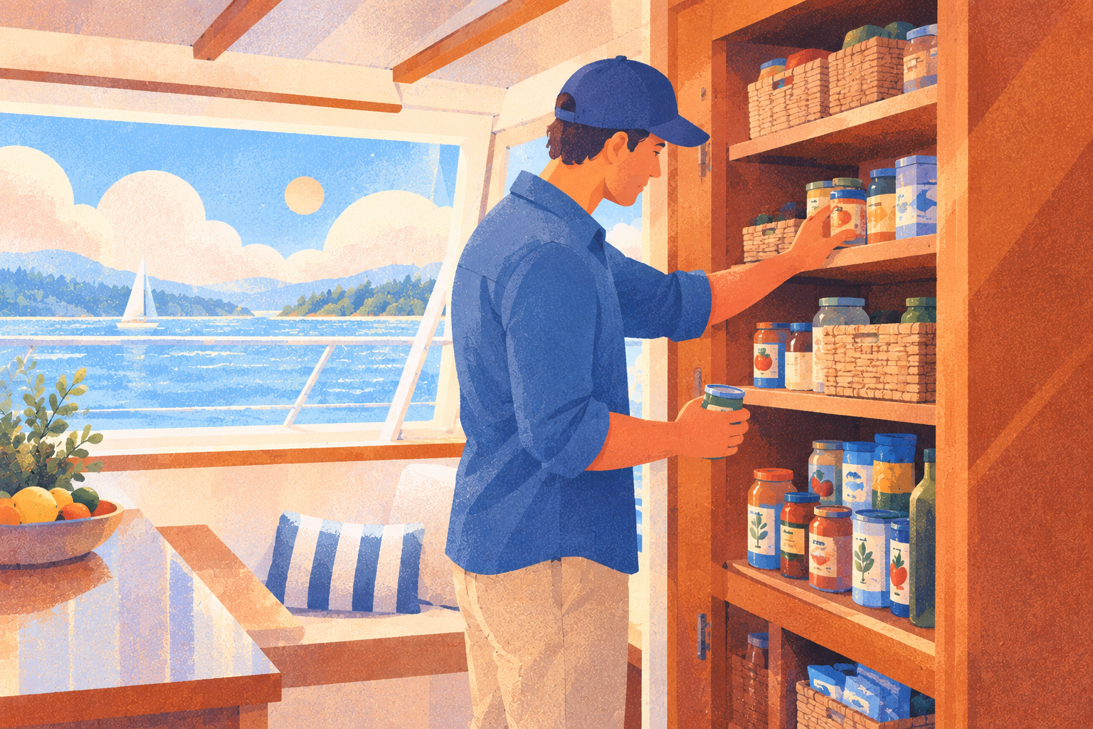 Illustration of a person stocking food on a boat, representing NoWaste inventories beyond the home kitchen