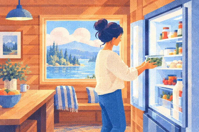 Illustration of a woman putting food into the fridge in a lakeside cabin