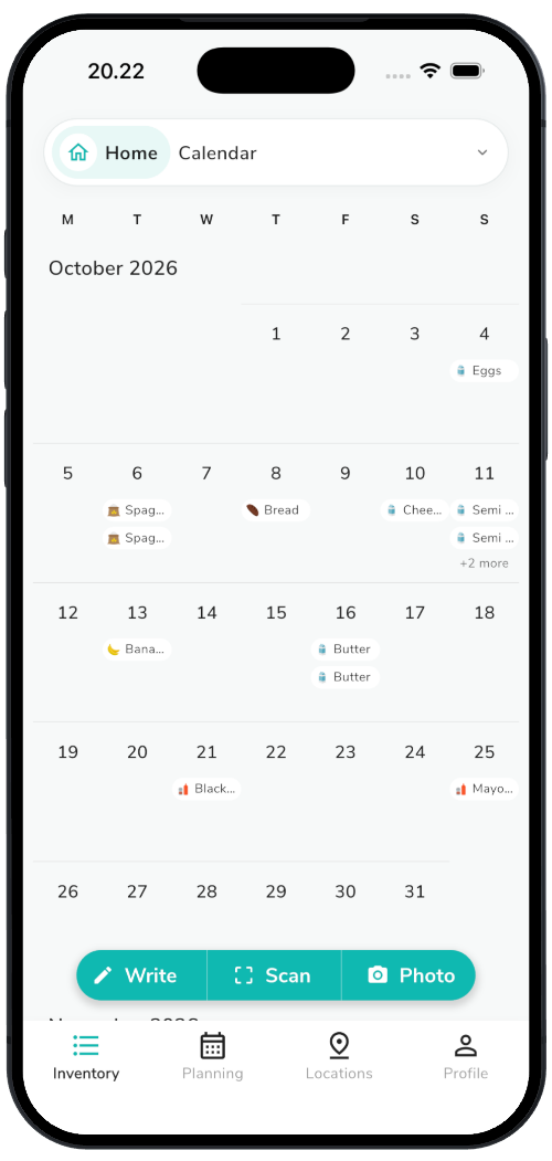Calendar showing which food expires on each day of October
