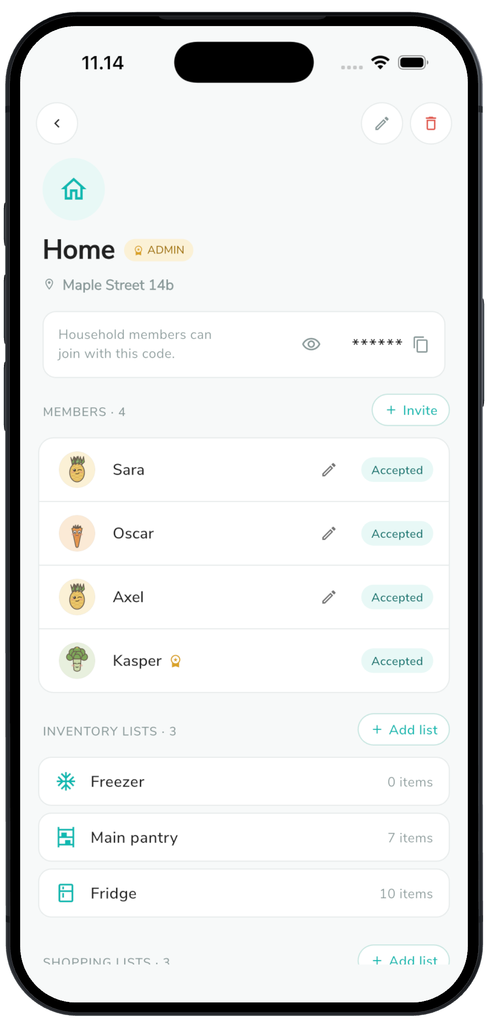 Household screen: four members share the Home location and its inventory lists