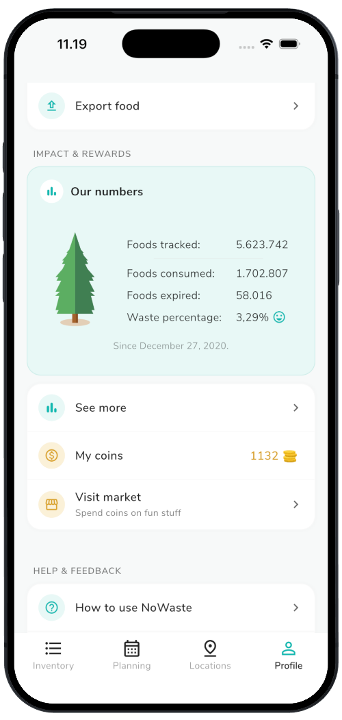 Impact screen showing over 5.6 million foods tracked by NoWaste users and a 3.29% waste percentage