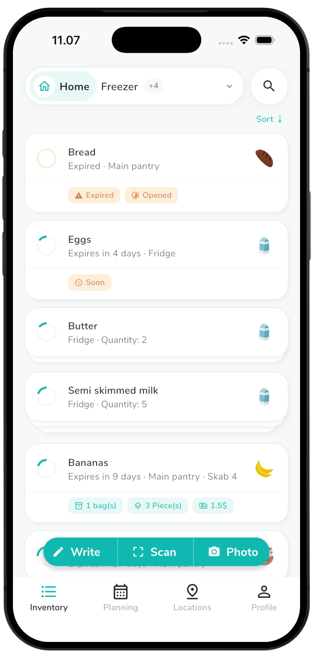 NoWaste iPhone app inventory list