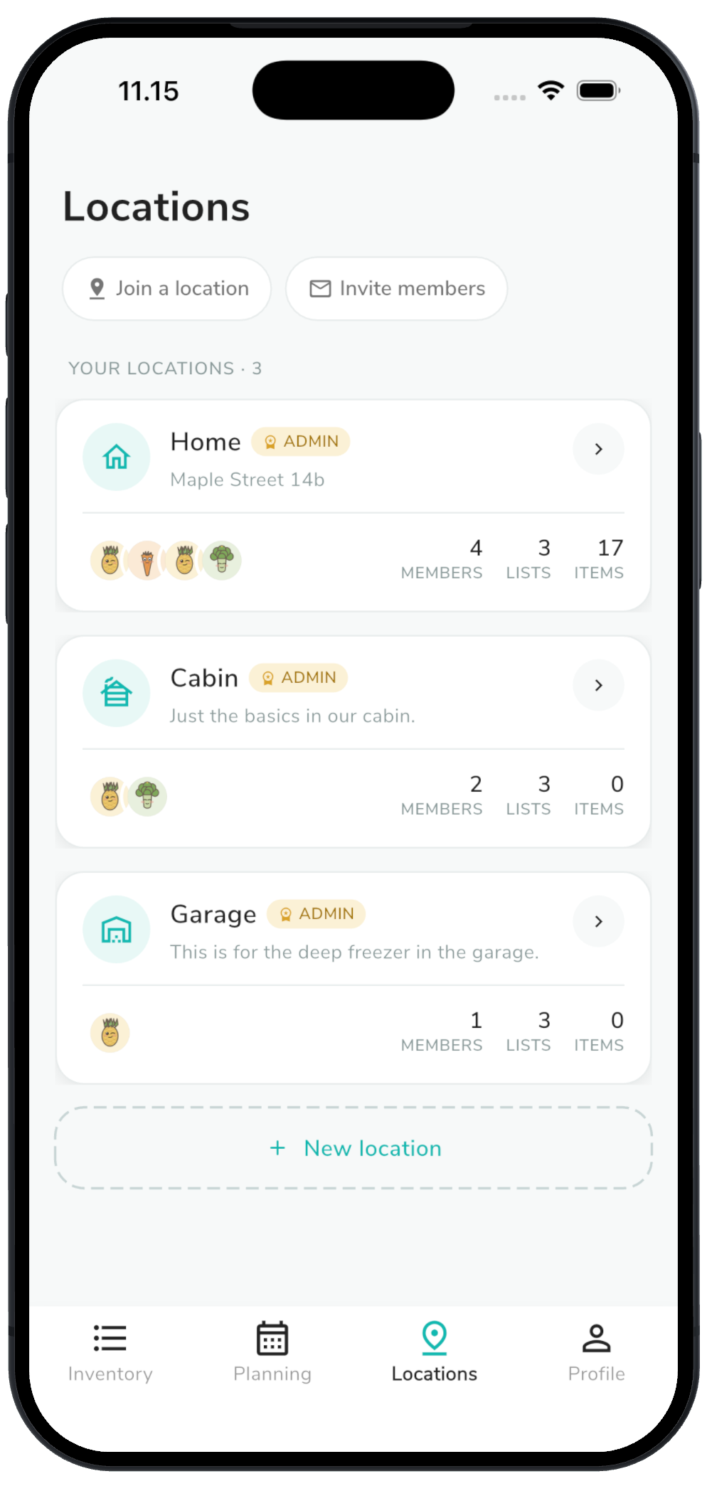 Locations screen with Home, Cabin and Garage, each with members, lists and item counts